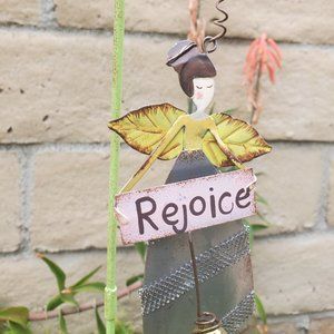 Whimsical Rejoice Angel Metal Cut Out Stake Yard Art Garden Decor